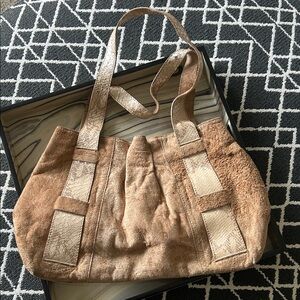 Pulicati Suede Tote Bag with Textured Strap Accents - Tan made in Italy